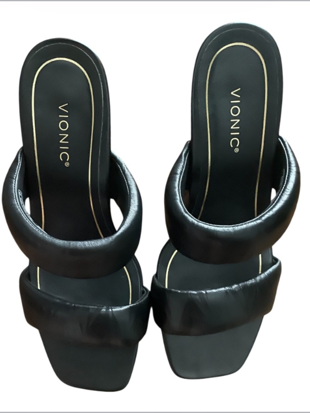 Vionic Black Padded Thong Sandals Block Heel Square Toe Sz 8